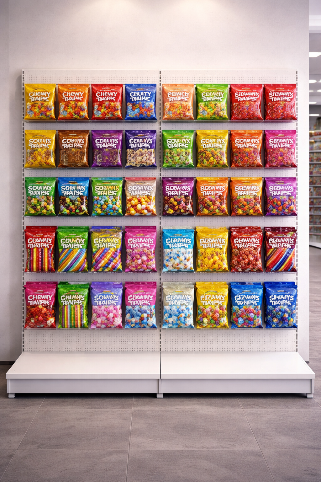 Présentation de confiseries sur panneau perforé